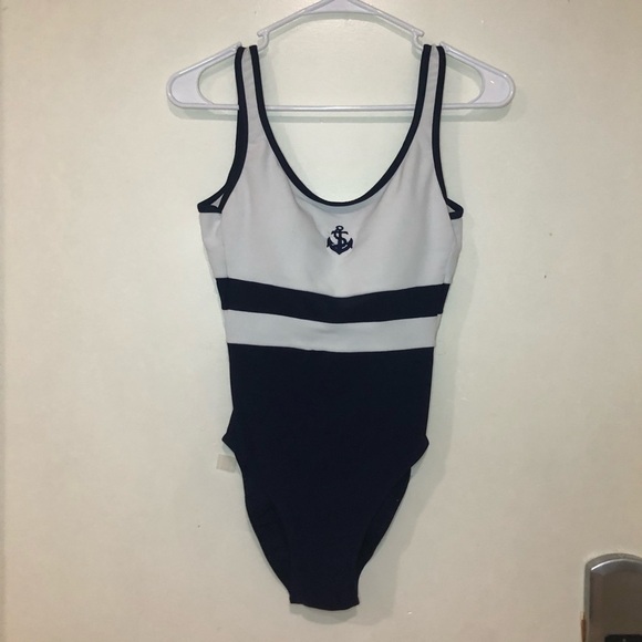 Baltex White & Navy Blue Sailor Padded One Piece Swimsuit Size 8 - Picture 1 of 6